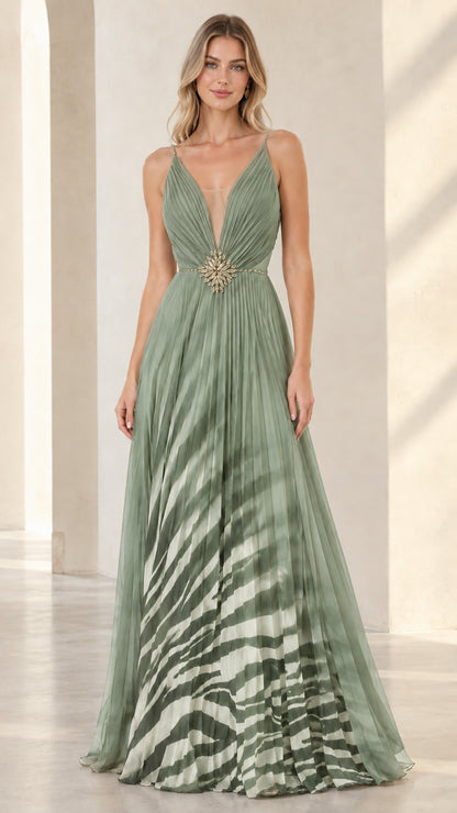 Sage green pleated V-neck evening gown with ombre pattern