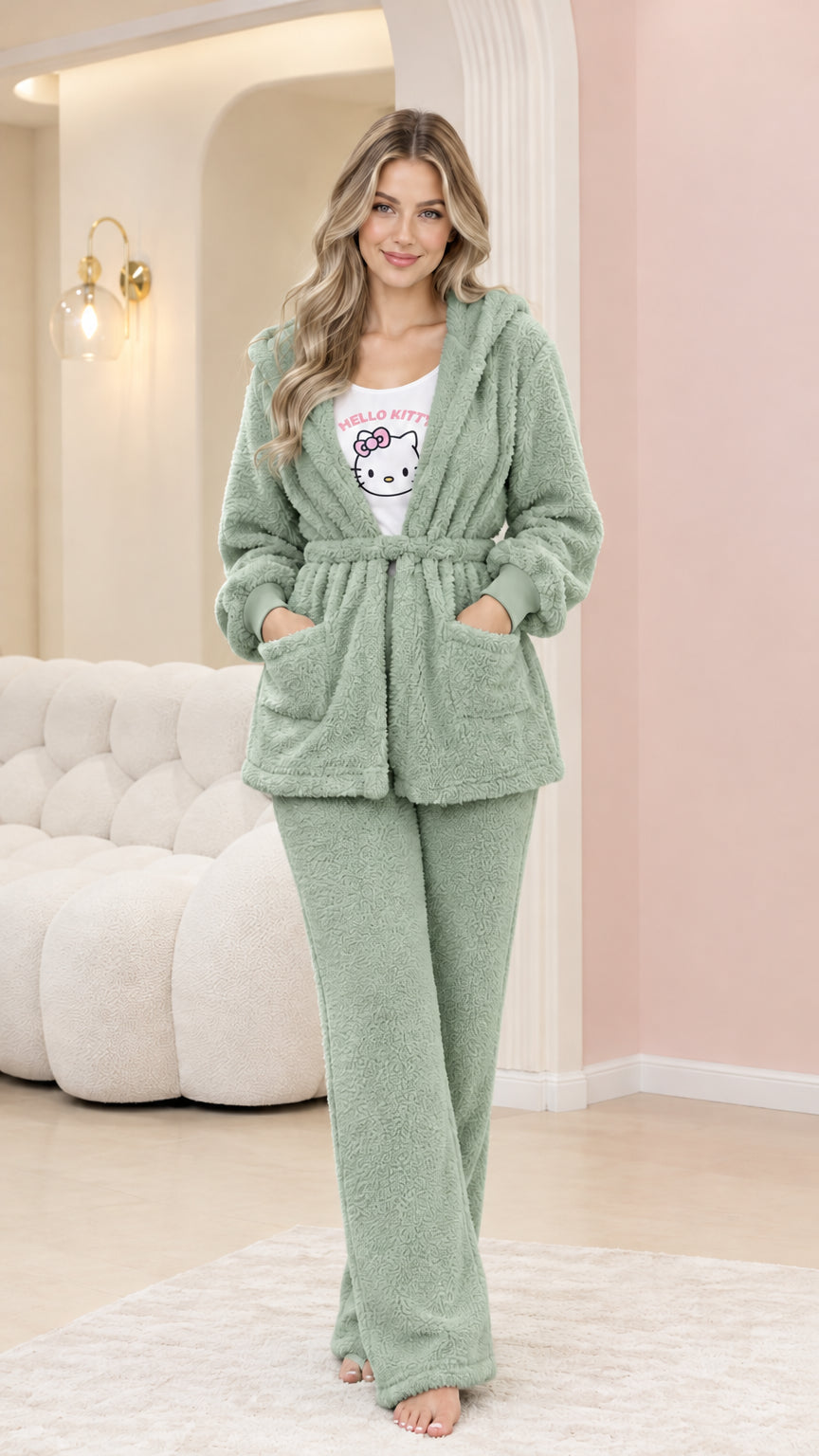 Front view of woman wearing sage green plush fleece hooded cardigan and pants set