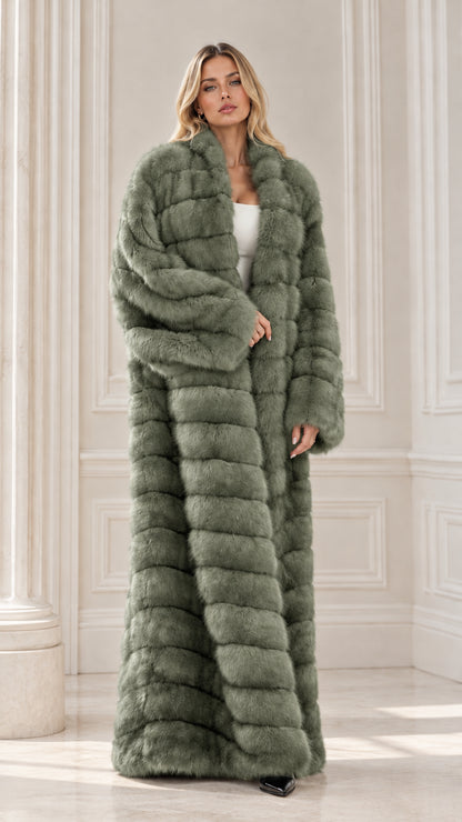 Full-length sage green ribbed plush faux fur maxi coat