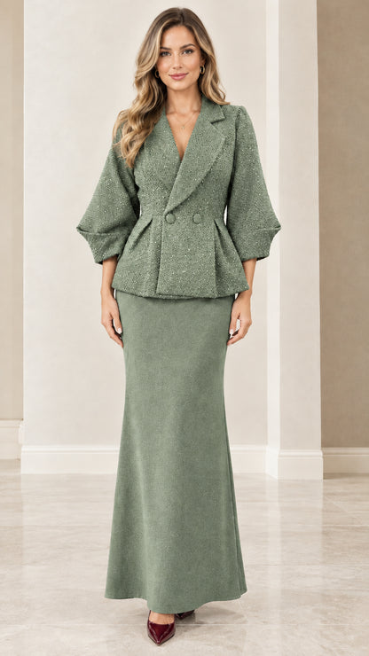 Sage green two-piece formal peplum jacket and maxi skirt set