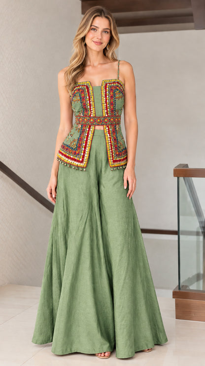 Sage green boho embroidered top and wide-leg pants matching ensemble