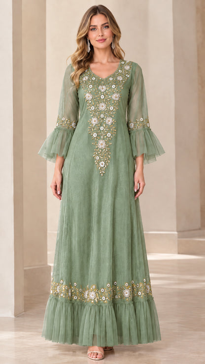 Sage green floor-length embroidered evening dress with bell sleeves