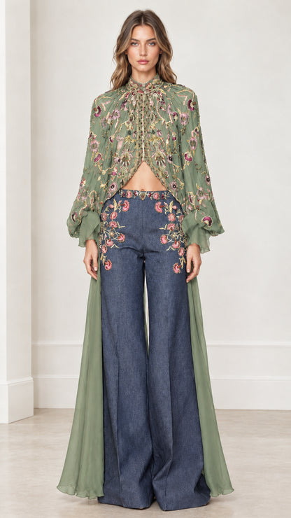 Front view of sage green floral embroidered cape duster set