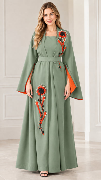 Full-length view of woman wearing Sage Green embroidered bell sleeve maxi dress