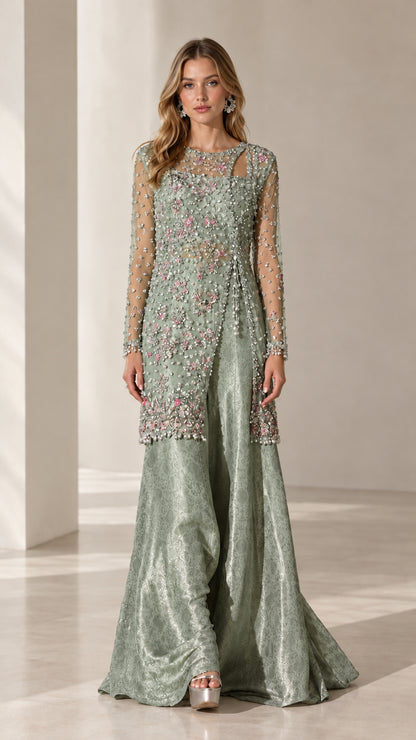 Model wearing sage green embellished longline tunic and matching wide-leg pants