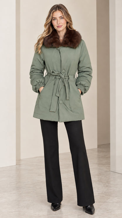 Sage green faux fur collar belted padded parka jacket on model
