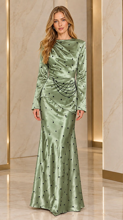 Sage Green polka dot satin evening maxi dress
