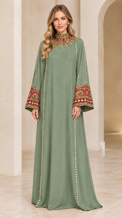 Model wearing Sage Green embroidered collar floor-length abaya dress