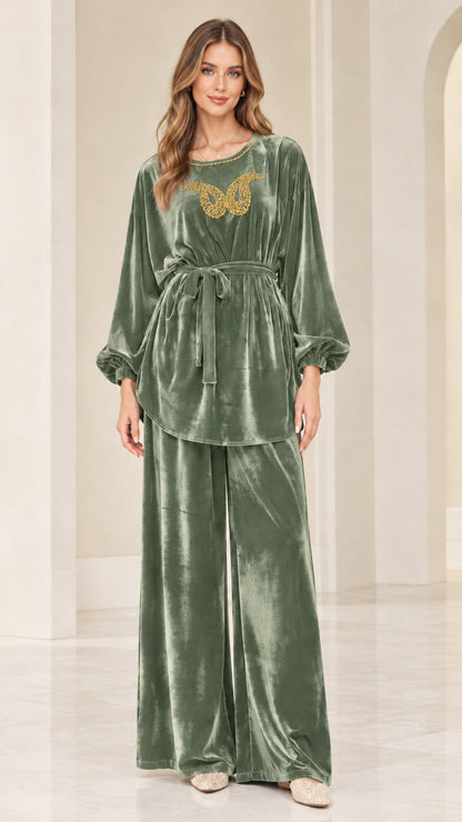 Front view of sage green velvet embellished matching two piece pants set