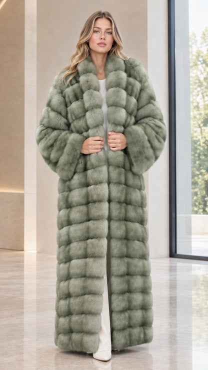 Front full-length view of woman wearing sage green paneled faux fur maxi coat