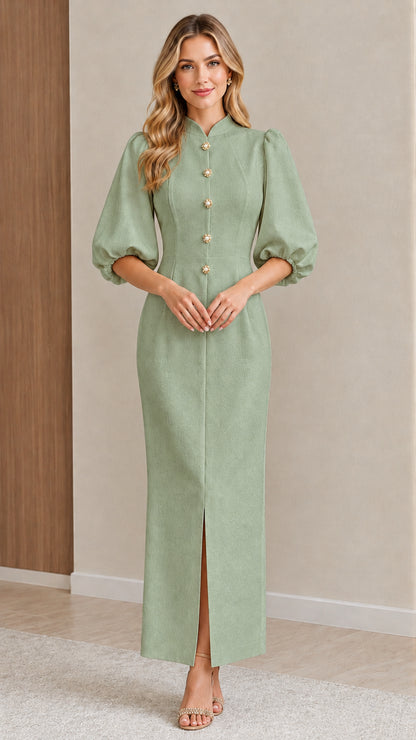 Front view of model wearing the Sage Green mandarin collar puff sleeve maxi dress