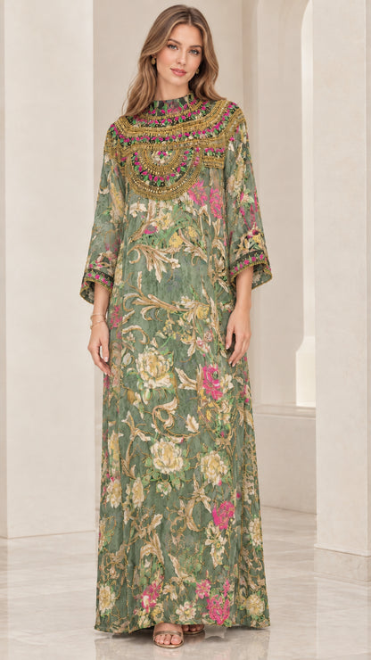 Front view of sage green floral embellished kaftan maxi dress