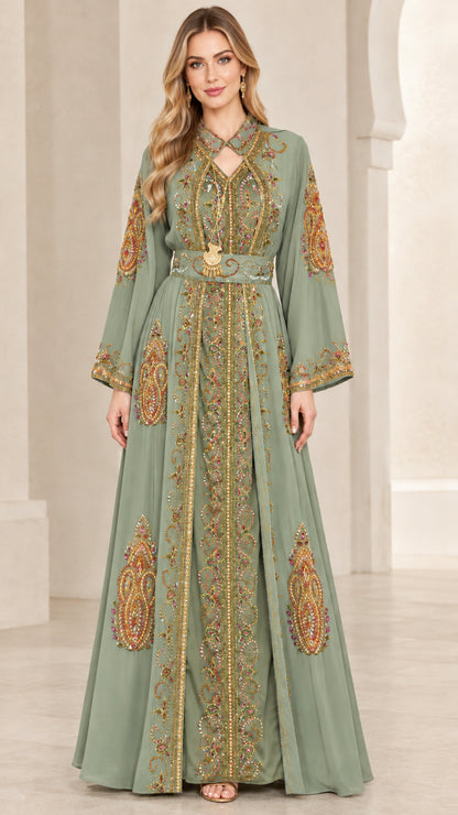 Front view of sage green embroidered Moroccan kaftan maxi dress with belt