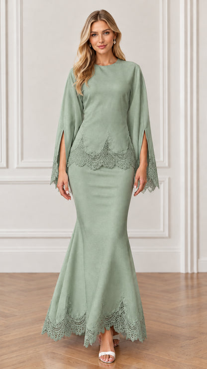 Front view of sage green scalloped lace mermaid evening dress