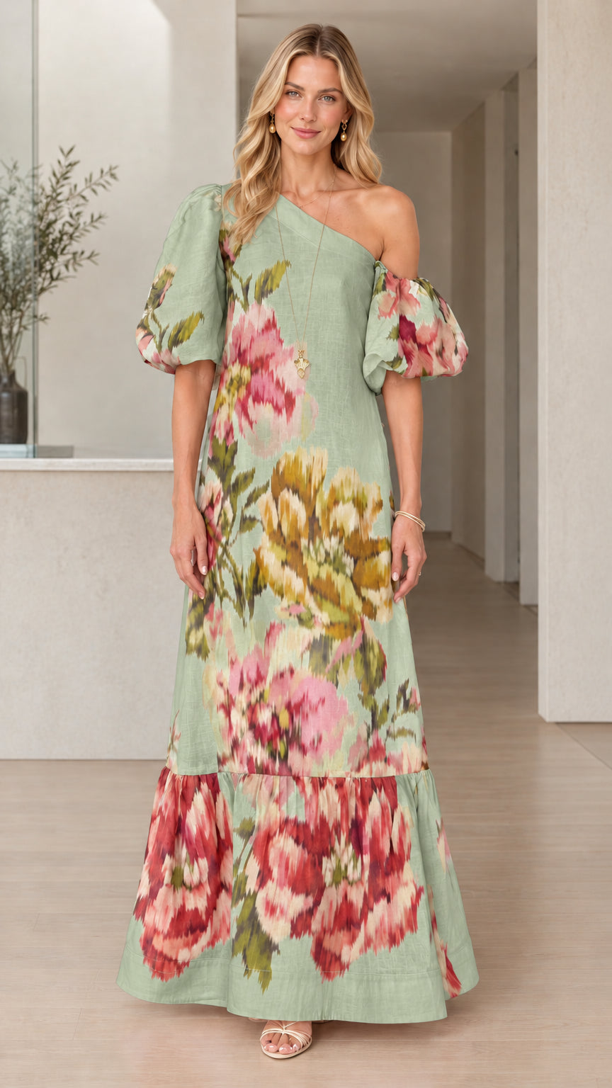 Model wearing Sage Green Floral One-Shoulder Puff Sleeve Maxi Dress
