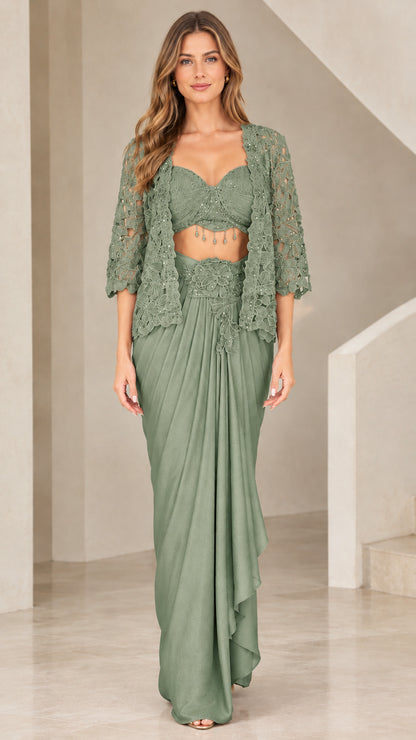 Front view of woman wearing Sage Green 3-piece beaded bustier and draped skirt set