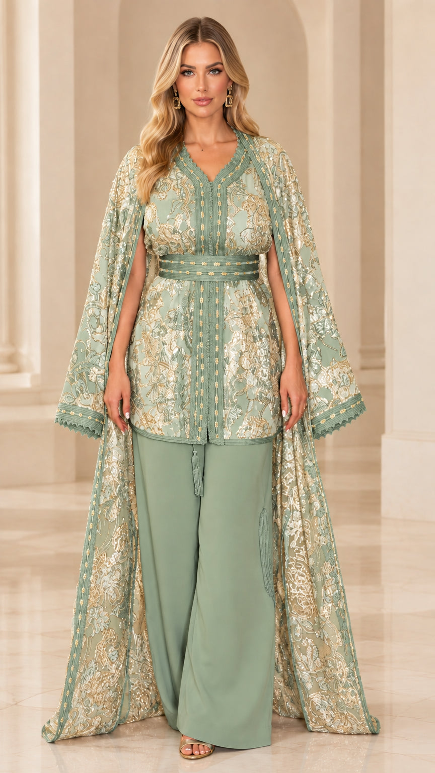 Full-length front view of model wearing Sage Green jacquard cape and pant set