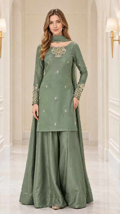 Full front view of sage green embroidered kurta sharara set