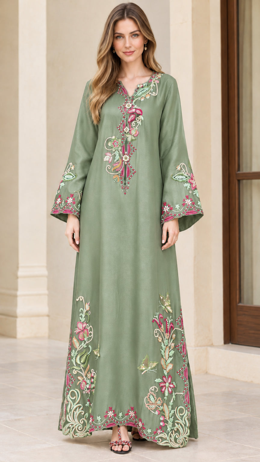 Model wearing sage green floral embroidered long sleeve maxi kaftan dress