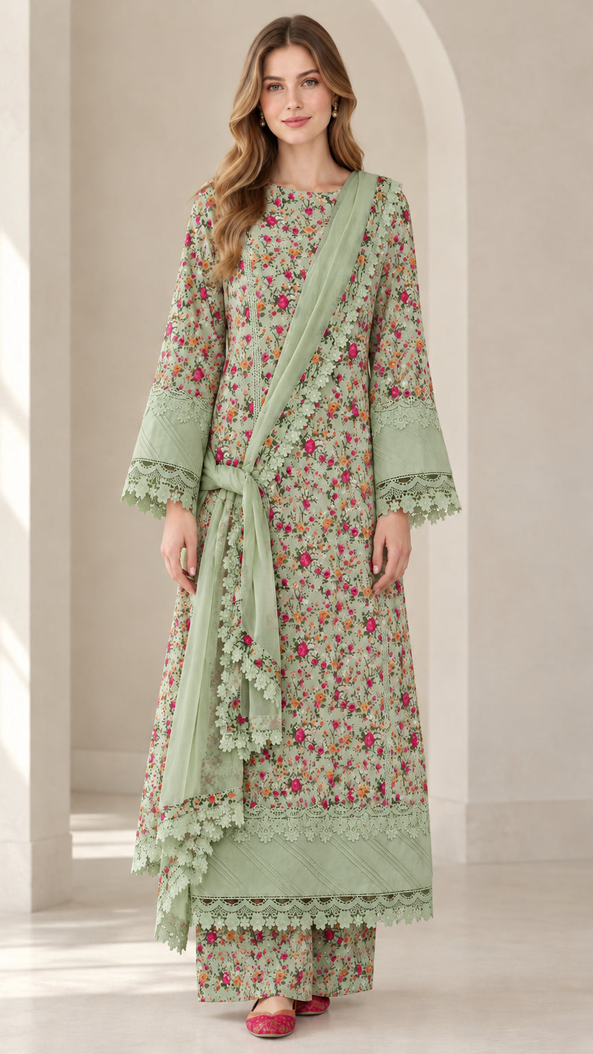 Front view of woman wearing Sage Green floral print 3-piece tunic and pant set