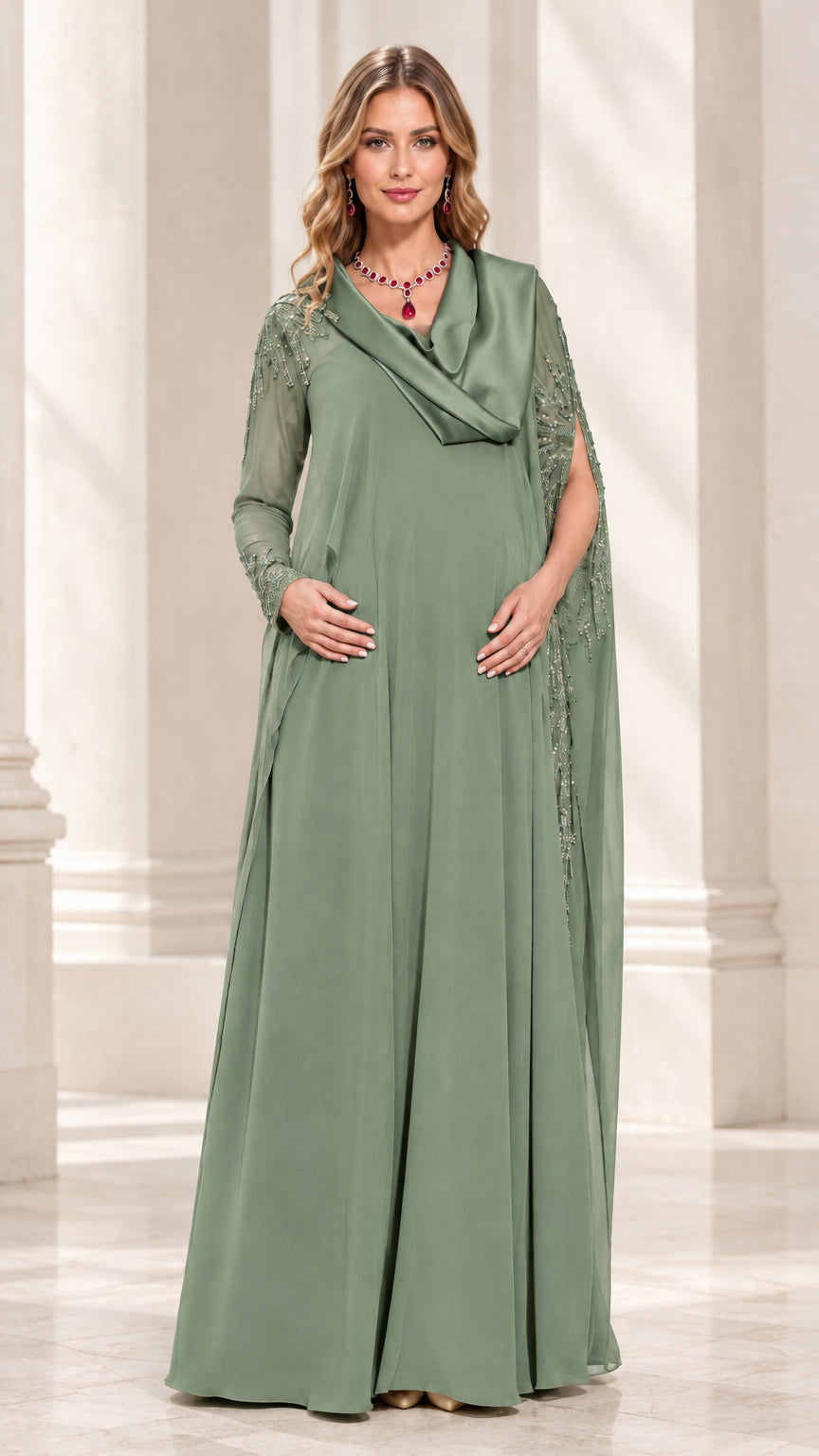 Sage Green cowl neck beaded cape sleeve evening gown front view