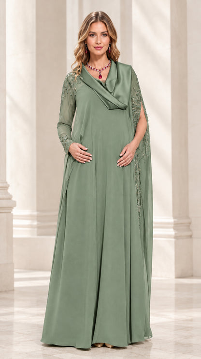 Sage Green cowl neck beaded cape sleeve evening gown front view