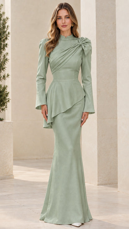 Front view of sage green high neck peplum mermaid evening gown