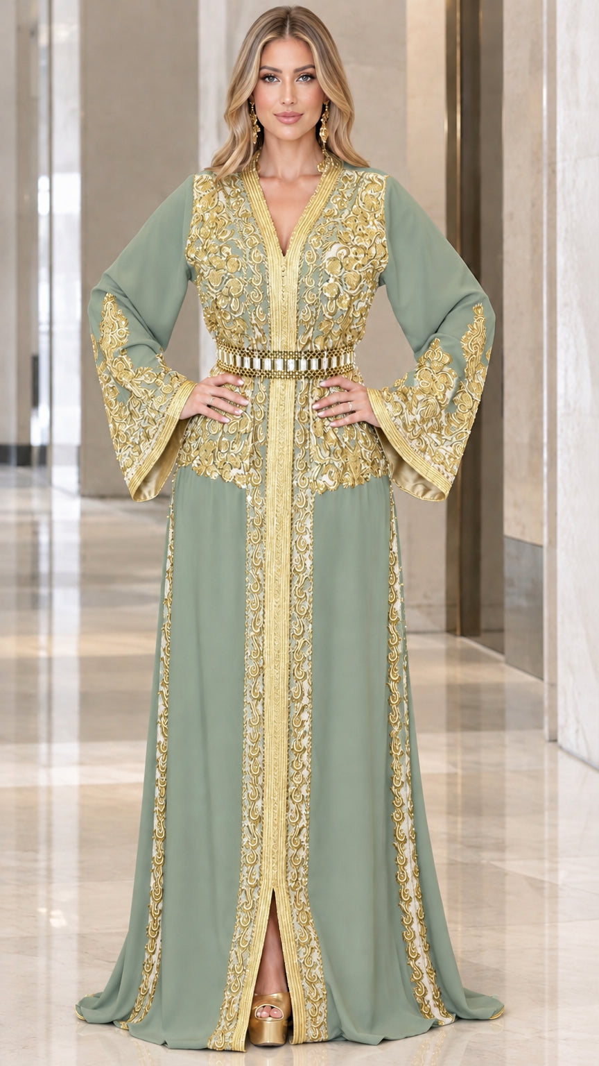 Front view of sage green embroidered kaftan gown with belt