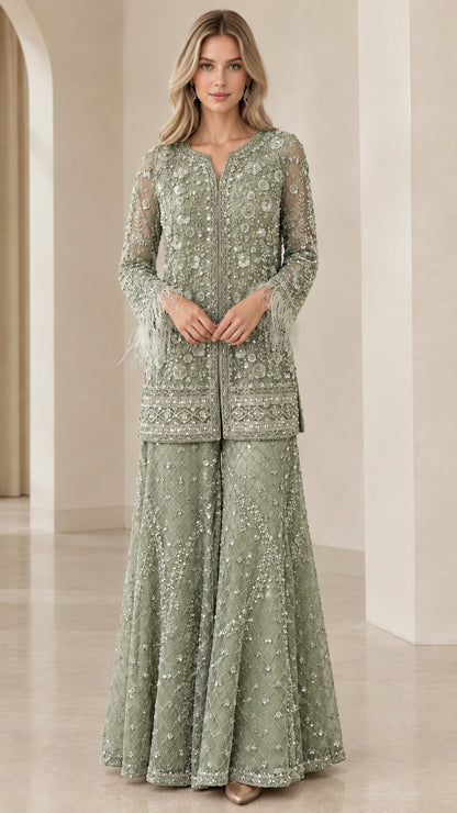 Model wearing sage green sequin-embellished long tunic and palazzo pants set