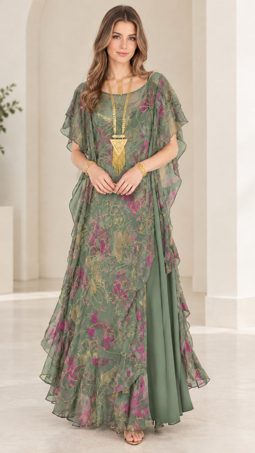 Sage green floral chiffon tiered kaftan maxi dress front view