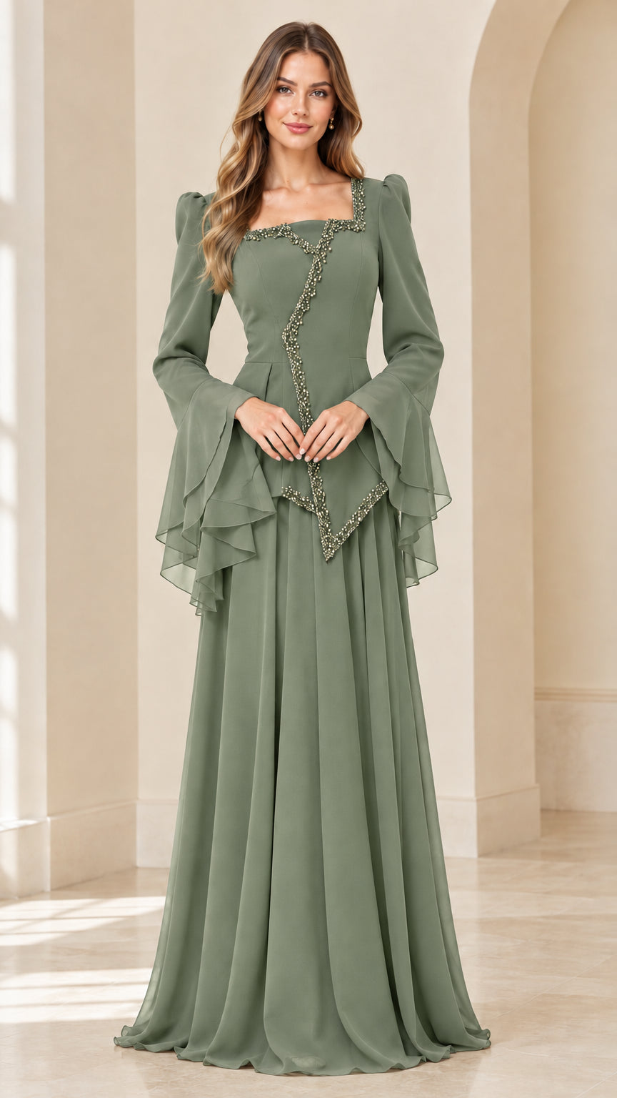 Sage Green elegant formal chiffon maxi gown with bell sleeves