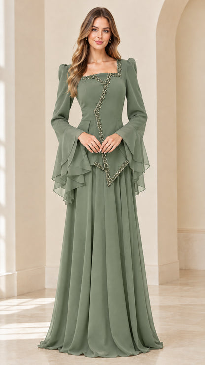 Sage Green elegant formal chiffon maxi gown with bell sleeves