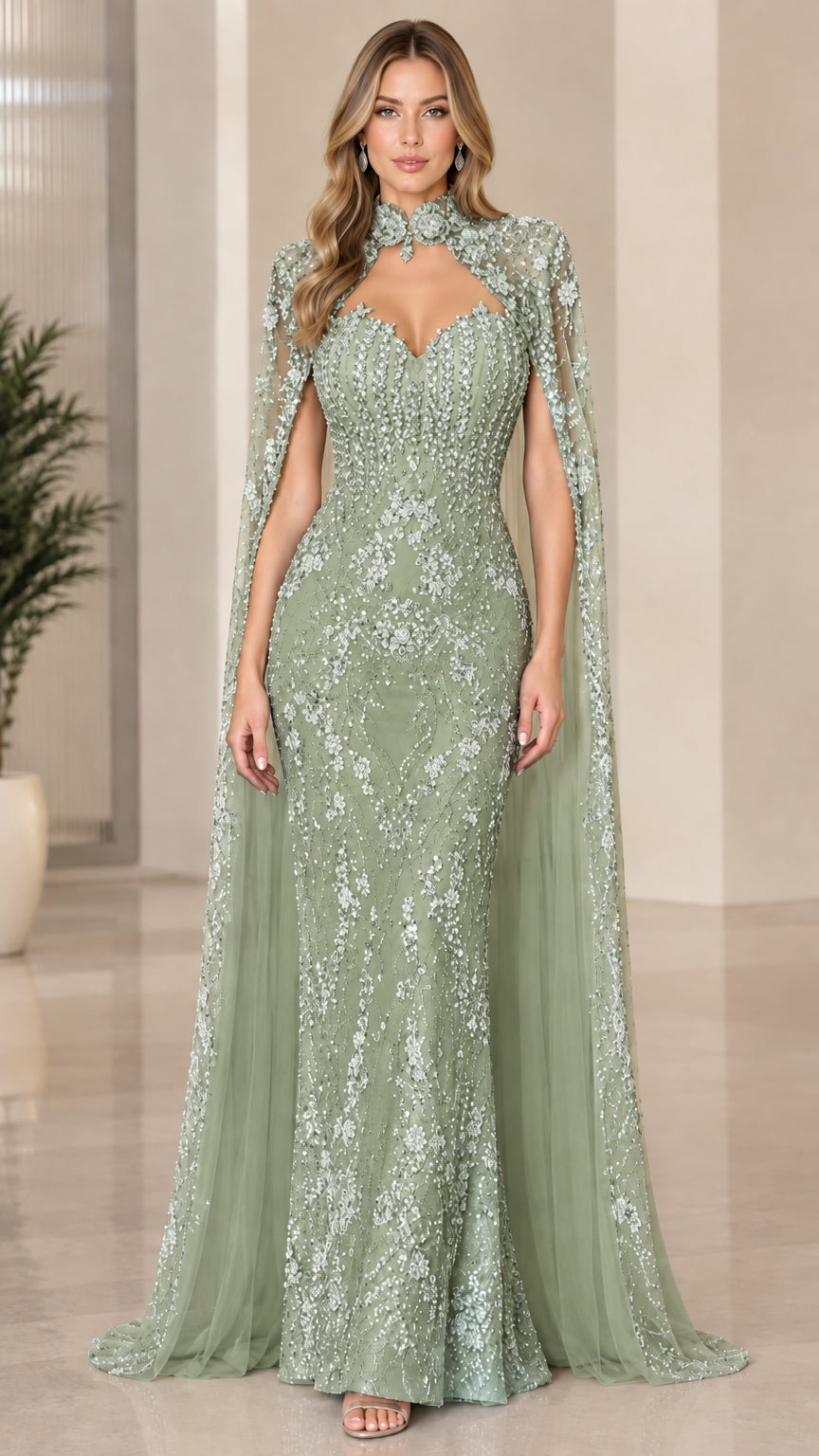 Sage green sparkly floor-length cape evening dress