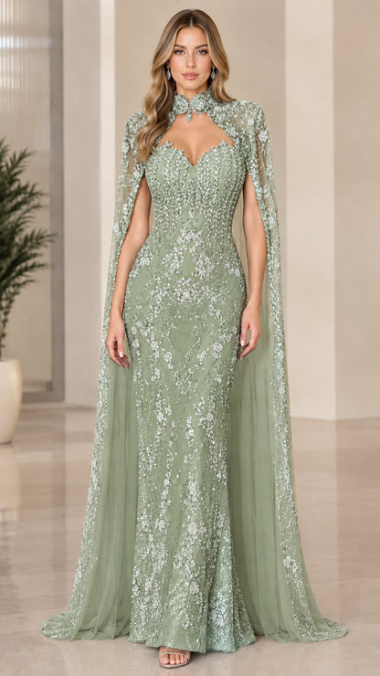 Sage green sparkly floor-length cape evening dress
