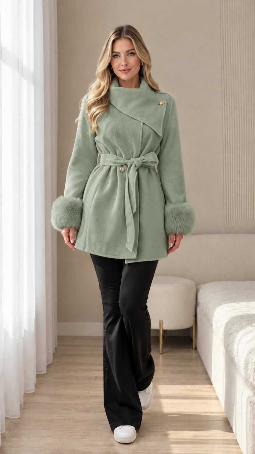 Front view of sage green belted coat with faux fur cuffs