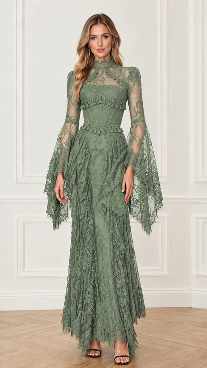 Front full-length view of the sage green lace corset maxi dress