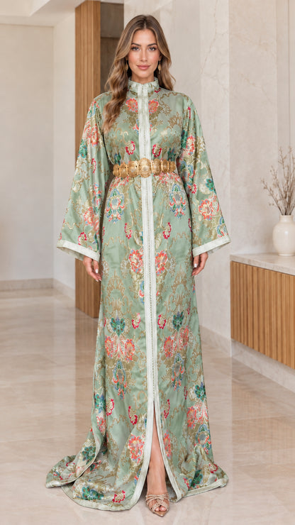 Sage green floral brocade kaftan maxi dress with gold belt