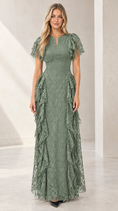 Woman wearing Sage Green floral lace tiered flutter sleeve evening gown