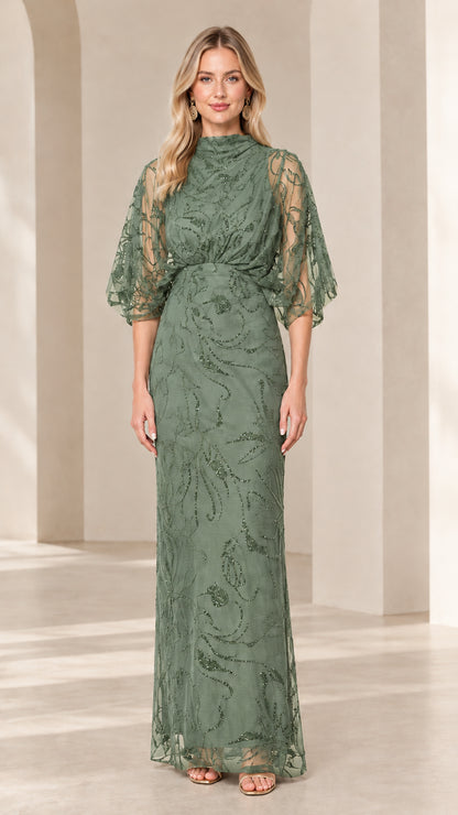Sage Green beaded embroidered high-neck maxi gown on model