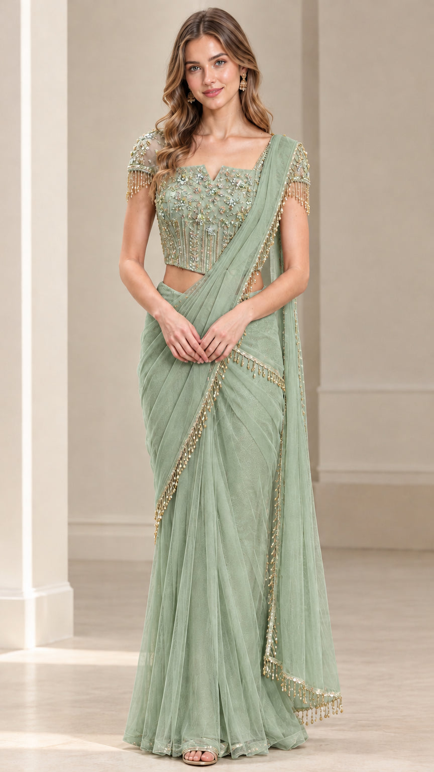 Full front view of sage green pre-draped saree set with beaded top