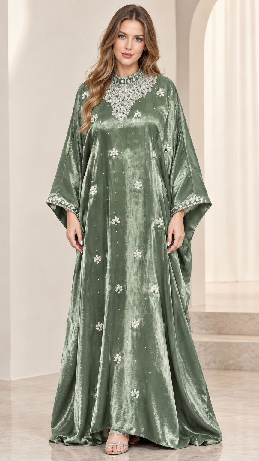 Front view of sage green velvet embellished kaftan maxi dress