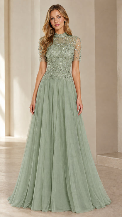 Sage Green short sleeve beaded tulle floor-length formal gown