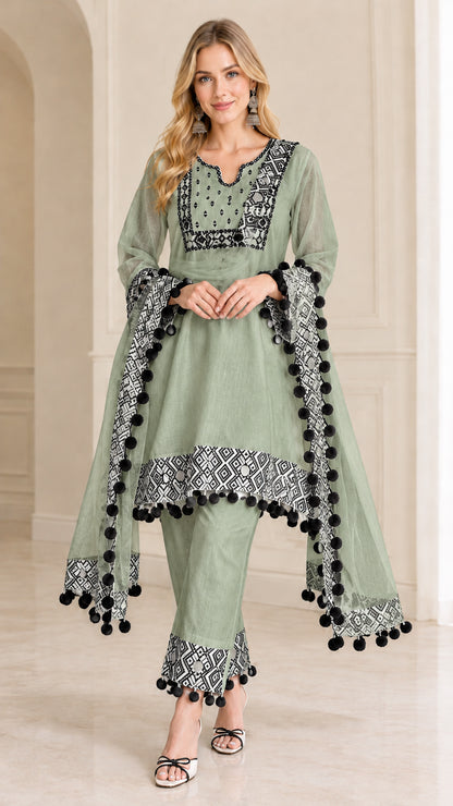 Women's sage green 3-piece tunic pants set with geometric trims and pom-poms