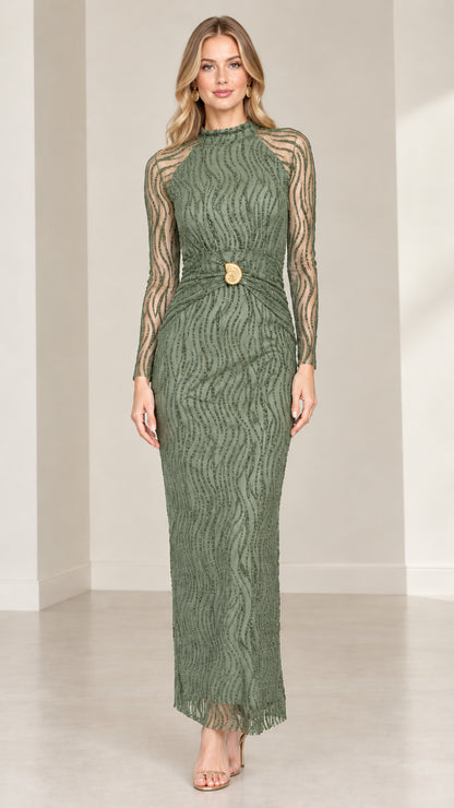 Front view of model wearing sage green mock neck embellished maxi dress
