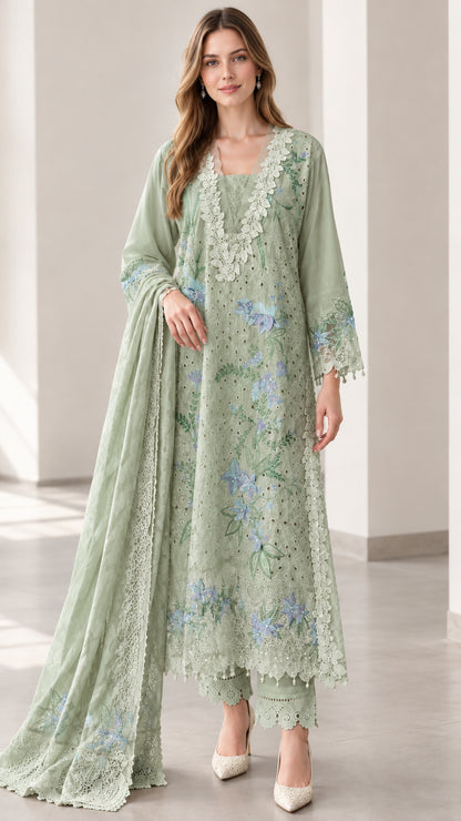 Front view of sage green floral embroidered 3-piece tunic and pant set