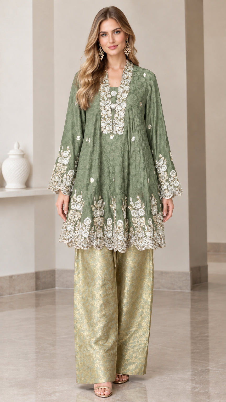 Model wearing sage green embroidered flared tunic top