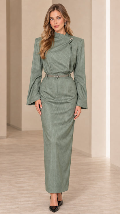 Front view of model wearing sage green pinstripe belted maxi column dress