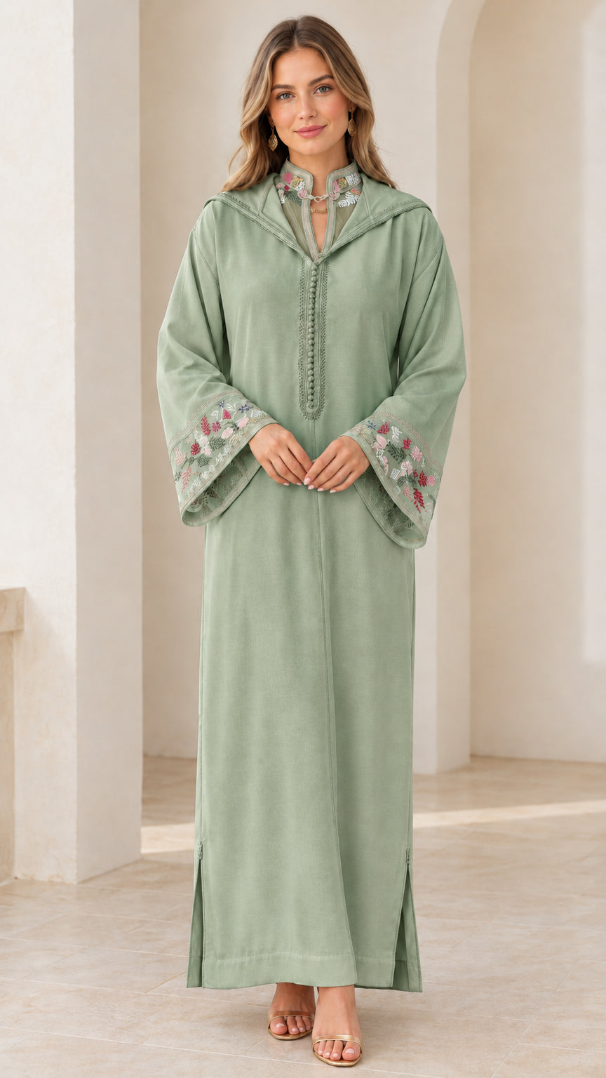 Model wearing sage green embroidered hooded djellaba maxi dress
