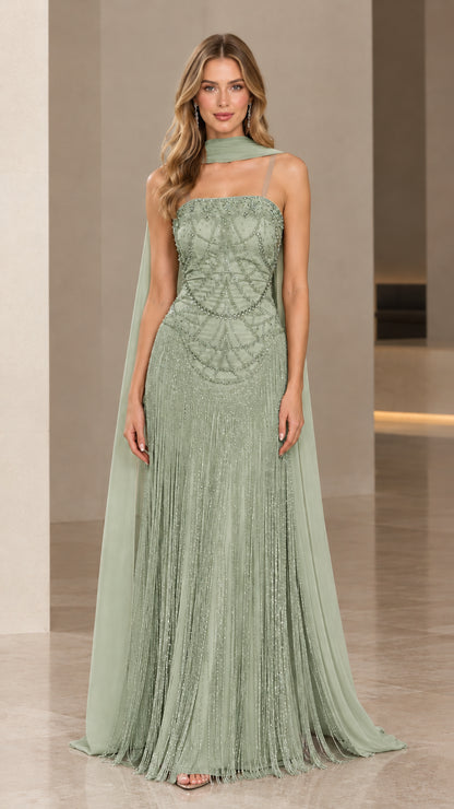 Front view of Sage Green beaded fringe maxi evening gown with cape