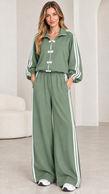 Model wearing sage green frog button matching tracksuit set